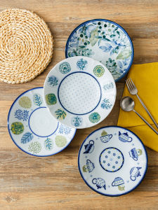 Retro Japanese Style Ceramic Dining Plate Underglaze Color Dinnerware Deep Dish Vegetable Flower Pattern Home Use Plate