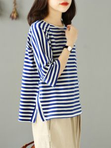 เสื้อยืดแขน 7 ส่วนผ้าฝ้ายแท้สำหรับผู้หญิง ทรงหลวมสบาย ๆ สไตล์เกาหลี เสื้อตัวบนลายทางลำลองสำหรับฤดูร้อน