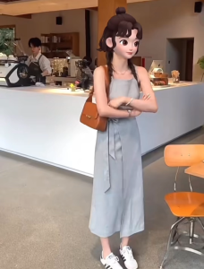 แม็กซี่เดรสสายเดี่ยวสีเทา คอเหลี่ยม แขนกุด สายเดี่ยว ดีไซน์ผูกเอวเข้ารูป ผ้าโพลิเอสเตอร์ กระโปรงทรงเอ Dress ออกงาน #5551