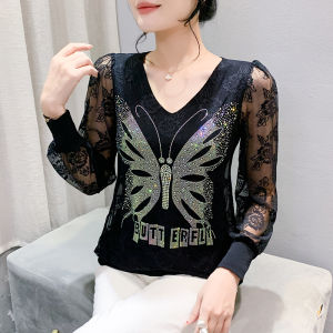 YIMEI เสื้อท่อนบนลายลูกไม้ลูกปัดติดเล็บแฟชั่นแบบลำลองหลวมมีอารมณ์สง่างามฉบับภาษาเกาหลี Kemeja Hitam สีดำเพิ่มขนาดคอวี