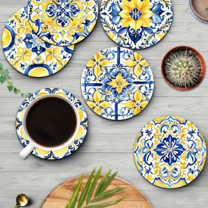 2D Mediterranean Watercolor Lemon 8PCS Wooden Coaster Set Car Cup Mat Tea Cup Mat Coffee Beverage Dining Housewarming Gifts