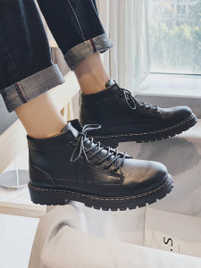 British Style Mens Casual Mid-Calf Martin Boots Spring Autumn Black Youth Short High-Style Leather Shoes Breathable round Toe