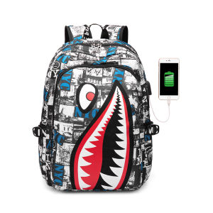 Mens Shark Backpack Canvas Large Capacity School Bag Commuter Style Zipper Closure Comfortable Padded Shoulder Straps Laptop Compartment