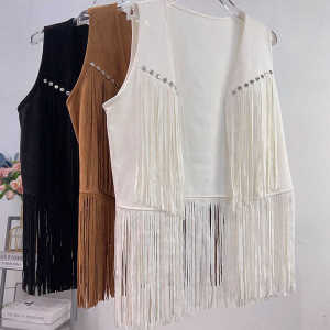 Retro Western Cowboy Style Brown Suede Vest Desert Oasis Travel Photography Outerwear Fringed Top Womens Fashion