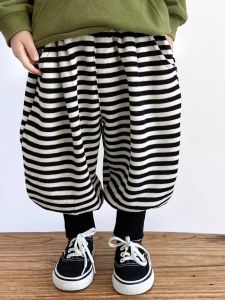 Childrens Fleece Lined Autumn Winter Stripe Sports Pants for Boys And Girls Toddler Kids Elastic Waist Long Trousers