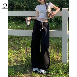 Slimming High Waist Patchwork Drawstring Ruffle Straight Leg Sweatpants Womens Loose Casual American Vintage Wide Leg Pants