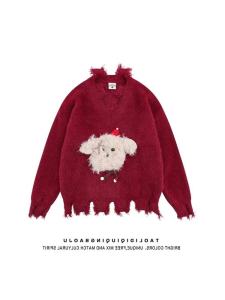 Cute 3D Dog V-Neck Red Sweater Loose Fit Inner Wear Lazy Style New Year Knitted Coat for Men And Women Casual Winter Outerwear