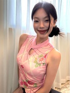 New Chinese Style Girl Pink Diamond Pattern Spicy Girl Dopamine Slimming Cheongsam T-Shirt Top Fashionable Sun Protection Womens Wear