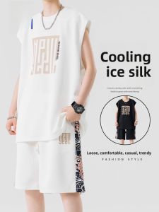 ROMON | Lormen Mens Ice Silk Sleeveless T-Shirt Quick Dry Vest Set Casual Basketball Sportswear Lightweight Summer Fashion Trend