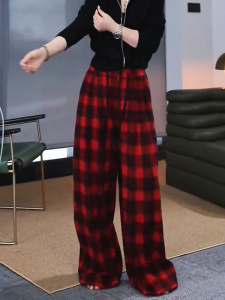 Trendy Black And Red Plaid High Waist Loose Wide Leg Pants Womens Fashionable Drapey Autumn New Style Korean Version