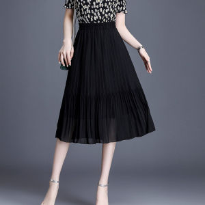 Elegant Chiffon Midi Skirt High Waist Elastic Waist Slimming Black Skirt Summer New Style plus Size Hip Covering Korean Style