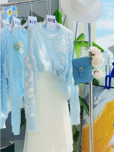 เสื้อสเวตเตอร์คอวีสีน้ำเงินสไตล์ฝรั่งเศสสำหรับผู้หญิง ทรงหลวมสบายๆ ฤดูใบไม้ผลิและฤดูใบไม้ร่วง เสื้อถักดีไซน์หรูหรา