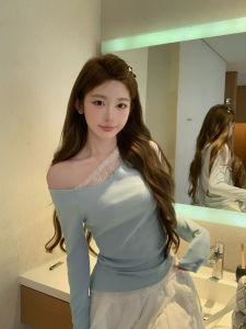 เสื้อเชิ้ตผู้หญิงแขนยาวทรงสลิมฟิต ดีไซน์เก๋ไก๋ ผ้าลูกไม้ แขนยาว ไหล่ข้างเดียว ฤดูใบไม้ร่วง 2025 ผ้าฝ้ายผสมโพลีเอสเตอร์