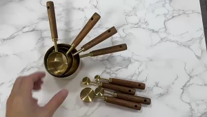 BHQ Gold Measuring Cups and Spoons Set with Wood Handle Metal Measuring Spoons Set Kitchen Food Baking