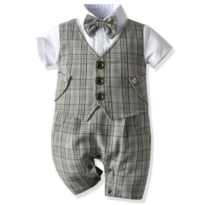 Infant Gentleman Small Suit Men Summer British Style Fashion and Handsome Fake Vest Baby Rompers Birthday Party Banquet Dress