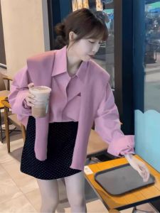 ชุดเสื้อเชิ้ตแขนยาวหลวมๆ สไตล์ฝรั่งเศส ชุดสองชิ้นสำหรับผู้หญิง ฤดูใบไม้ผลิและฤดูใบไม้ร่วง 2025 ใหม่ เสื้อเชิ้ตคอโปโลสไตล์ลำลอง