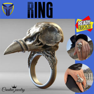 【Franco Fashion】Men Women Dark Crow Skull Flower Ring Beak Beak Three-Dimensional Skull Skull Domineering Personality Hipster Man Ring Punk Demon
