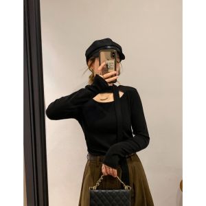 Fall and Winter New Arrival Bottoming Shirt Womens Ribbon Scarf Long Sleeves T-shirt Niche Design Silm Slim Fit Versatile Top Spring