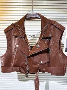 Stylish American Chain Painted PU Leather Vest Womens Short Jacket Cool And Handsome Design Trendy Outerwear for Ladies