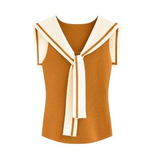 YUEZHONGWEI | Slim Fit Ice Silk Knitted Vest Short Sleeveless Top Color Block Orange Navy Collar Summer Outerwear For Women Commute Style