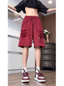 Quần Short Da Lộn Màu Đỏ Rượu Vang Cho Nam Mùa Hè Mỏng Thể Thao Trẻ Em Quần Dài Năm Điểm Thẳng Thường Ngày Thoáng Khí