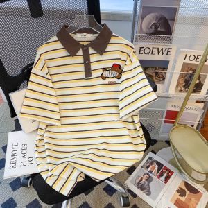 Pure ผ้าฝ้าย ปักกำมะหยี่ เสื้อโปโลสุนัข หลวม Fit Short Sleeve ฤดูร้อน เสื้อท่อนบน ผู้หญิง Retro Stripes Designลำลอง เสื้อโปโลผู้หญิง