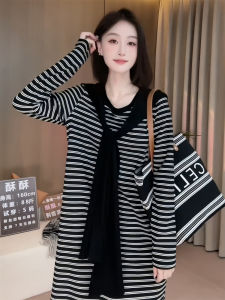 French Stripe Long Sleeve Dress Womens 2025 New Loose Slimming Elegant Long One-Piece Dress Fashionable Commute Style