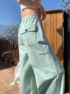 QIAOMIDUO | Spring Autumn Bright Color Elastic Waist Wide Leg Pants Womens Style 2025 New Plus Size Fat MM Light Green Denim Workwear Trousers Summer