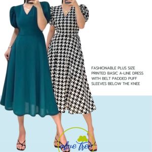 Fashionable Plus Size Basic A-line Dress with Belt Padded Puff Sleeves Below the Knee (Fits Medium-X-Large)