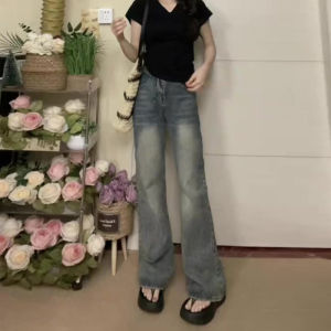 สูง เอว ขาตรง กางเกงยีนส์ ผู้หญิง ฤดูร้อน ขากว้างทรงสกินนี่ย้อนยุคสไตล์ฮ่องกงบางยาวพื้น กางเกง ลำลอง สบาย