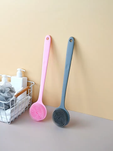 Dual-Sided Silicone Bath Brush with Long Handle Ergonomic S-shaped Handle Reach Anywhere Exfoliate Back Shower Use.
