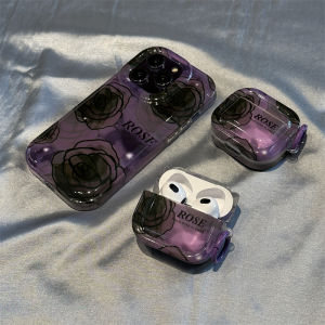 Rose Flower Gradient Purple Black Silicone Phone Case for iPhone 14 pro Max 13 pro Airpods Anti Fall Protection Cover Apple 15 14