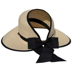 Summer Womens Sun Hat Foldable Beach Straw Hat UV Protection Large Circumference Butterfly Knot Casual Style Polyester Fiber