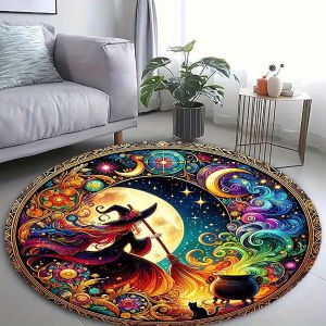 VIKAMA Halloween Witch Thảm Tròn Chống Trơn Trượt Huyền Bí Phòng Ngủ Thảm Trải Sàn Sọc Polyester Kilim Thiết Kế Cho Phòng Khách Người Lớn