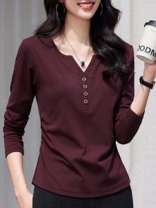 Slim Fit Long Sleeve T-Shirt Womens V-Neck Button up Gathered Waist Slimming Pure Color Base Shirt Commute Style Korean Version