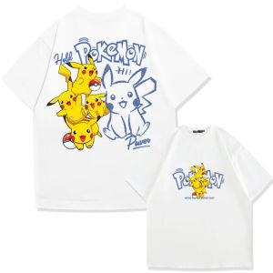 Bandai | Anime Pikachu Pattern Womens Men Kids Summer Cartoon T-shirt Anime Pocket Monsters Cotton T-shirt Neutral Top Harajuku
