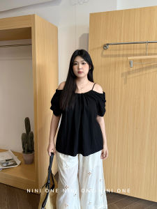 NINI ONE Korean Style Shoulder Bared Short Sleeve Shirt Slimming Versatile Womens Summer Loose T-Shirt Casual Pure Cotton round Neck