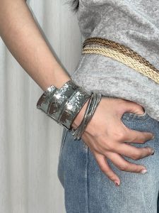 Retro Exaggerated Cool Wide Brim Spring Bracelet Irregular Heavy Work Silver Texture Multi Layer Stack Wear Bracelet