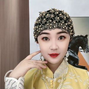 2024 New Arrival Hat Women's Best Selling Closed Toe Lace Lace Bead Casual Moms Middle-Aged and Elderly Hat Hair Covering Pullover