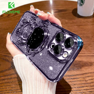 FLOVEME Luxury Astronaut Fold Stand Holder Phone Case For iPhone 15 14 13 12 11 Pro Max 15 14 Plus Glitter Plating With Lens Film Protector All-inclusive Soft TPU Shockproof Back Cover For iphone X XR XS Max