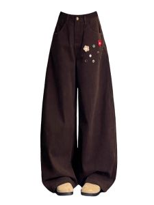 MZVZ | Floral Button and Embroidery Denim Pants