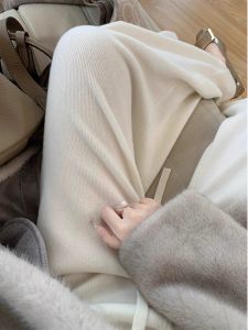 กางเกงขายาวทรงหลวมเอวสูงสำหรับผู้หญิง ผ้าถักนิตติ้ง ทรงตรง ทรงลำลอง เอวสูง ยาวถึงพื้น ฤดูใบไม้ร่วง/ฤดูหนาว กางเกงขายาวลำลอง