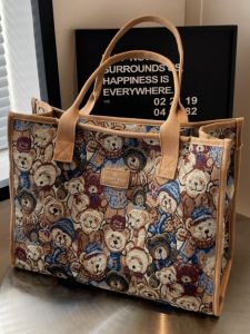 Large Capacity Cartoon Bear Canvas Tote Bag Womens Shopping Handbag Short Trip Travel Bag Commuting Shoulder Bag