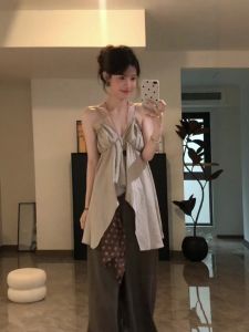 VKSOD | New 2025 Womens Summer Slimming Asymmetrical High Waist Wide Leg Pants And Strap Vest Vintage Money Style Two Piece Set