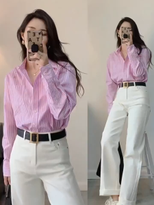 AB [ready stock] Blouse Women Stripe Long Seleve Shirt Office &  Casual Wanita Baharu Baju Perempuan Style