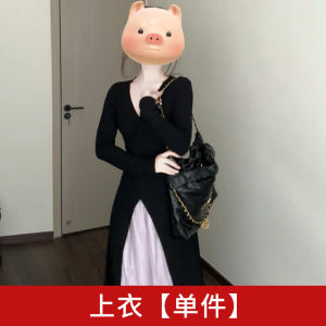 Elegant French Style Knitted Long Dress Black Asymmetrical Hem A-Line Skirt Set Womens Fashion Autumn Collection