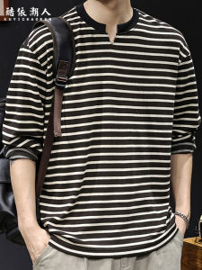 KUYICHAOREN | Men V-Neck Long Sleeve Striped T-Shirt