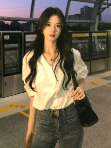 French Style V-Neck White Short Sleeve Shirt Womens Professional Commute Sunscreen Design Sense Top Summer New Arrival