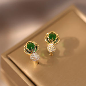 Green Stone Cabbage Hoop Earrings For Women Gold Color Round Zircon Small Ear Buckle