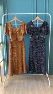 SET7208 Polka Front Slit Skirt w/ Crop Top Set